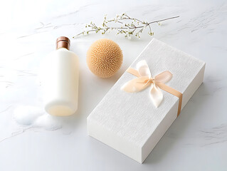 White Cosmetic Bottle and Gift Box with Loofah and Floral Accents on Light Background