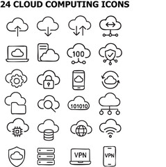A diverse collection of cloud computing icons representing various functions such as data transfer, security, connectivity, and technological concepts in a minimalist design