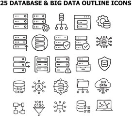 A collection of detailed database and big data outline icons showcasing modern technology elements including servers, network options, and data organization representations.