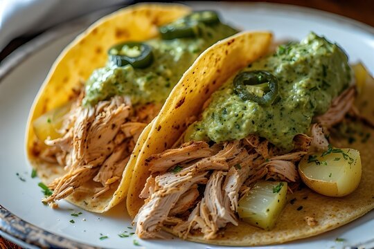 chicken and potato tacos with guacamole and jalapenos