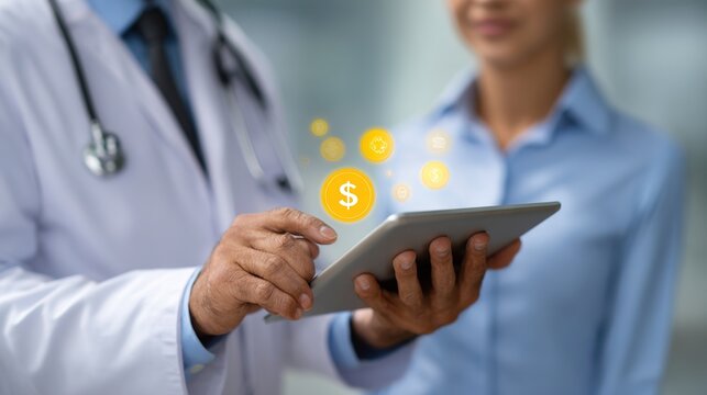 Healthcare cost: The image shows a doctor reviewing patient information, focusing on medical expenses or healthcare payments, while a patient is waiting in the background.
