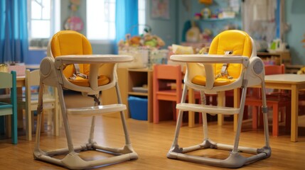 Medium shot showing the highchairs adjustable tilt mechanism in use highlighting easeofuse for caregivers while the surrounding childrens playroom fades softly out of focus.
