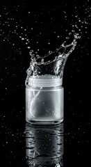 White cosmetic cream jar with a dynamic water splash on a black reflective background symbolizing freshness and hydration