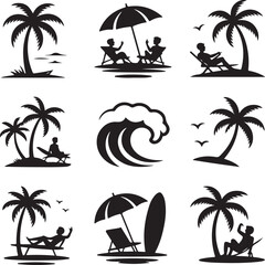 Tropical Beach Silhouette Icons – Vector Set on White Background