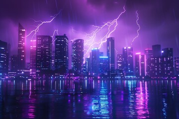 Lightning bolts flashing over modern city skyline at night, cyberpunk mood, purple and blue neon glow.