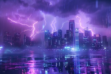 Lightning bolts flashing over modern city skyline at night, cyberpunk mood, purple and blue neon glow.