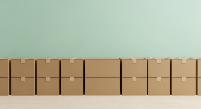 Organized cardboard boxes stacked neatly on a wooden floor against a simple green background for storage or relocation themed designs - Powered by Adobe