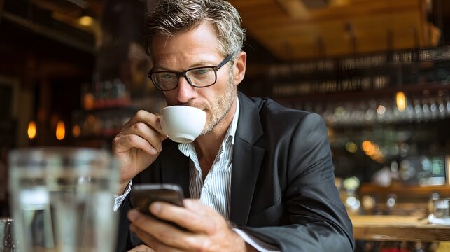 Mature man enjoying coffee while using his smartphone in a relaxed cafe setting, dressed in a suit jacket and stylish eyeglasses.  