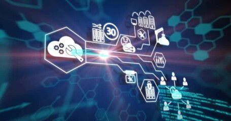Code lines appearing drifting causing cloud icon scaling connecting icons mapping network receding - Powered by Adobe