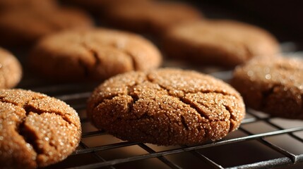 A close-up shot captures a batch of freshly baked cookies cooling on a wire rack, their sugary tops glistening under soft lighting.