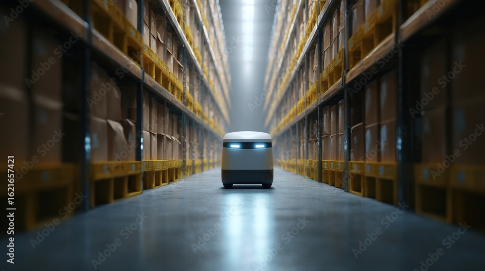 Aufkleber warehouse automation: a sleek autonomous robot navigates a modern warehouse, showcasing the efficien