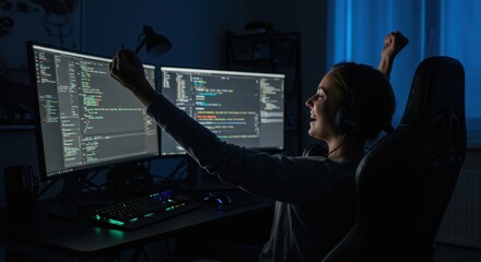 Excited female developer celebrates success, raising arms in triumph after coding a complex project on multiple screens at night