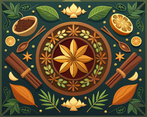colorful illustration of a decorative spice mandala featuring cumin, cloves, and herbs