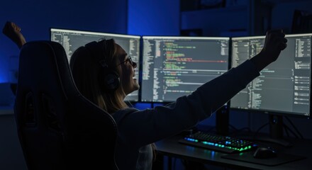 Successful female coder working late on a multi-monitor computer setup, celebrating a project milestone with excitement.