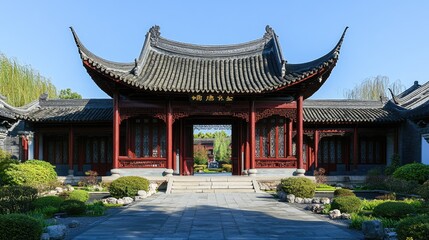Fototapeta premium Majestic Chinese Architecture: The Serene Entrance to a Traditional Garden