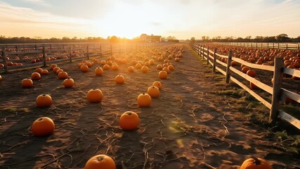 A vibrant pumpkin patch at sunset showcasing rows of pumpkins on the ground bordered by wooden fences a perfect scene for fall harvest - Powered by Adobe