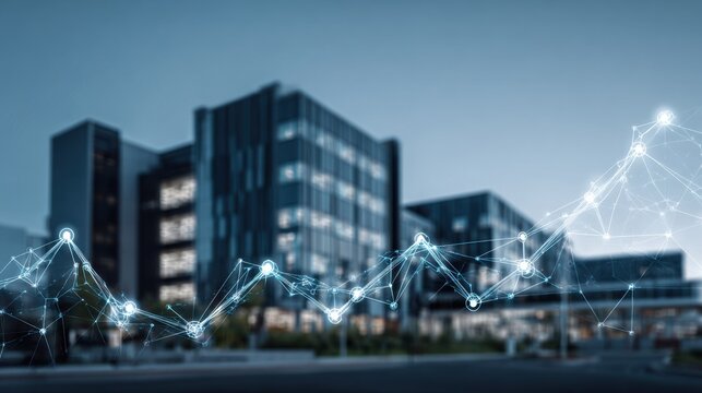 Clear medium view of a dynamic ascending stock index overlay on interconnected hospital structures illustrating longterm profitability in medical facility networks.