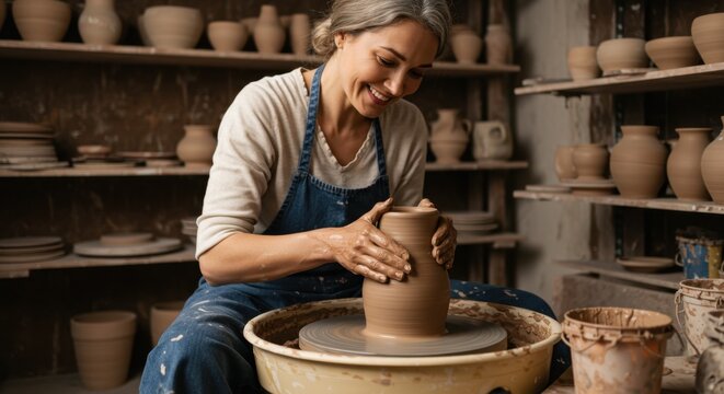 Smiling mature woman enjoying the creative process of pottery making, shaping clay on a wheel in her workshop - Powered by Adobe