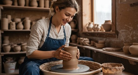 A skilled female artisan joyfully shaping earthenware on a pottery wheel, embodying the art of creation in her workshop.