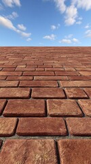 Red brick pavement stretches towards a clear sky.