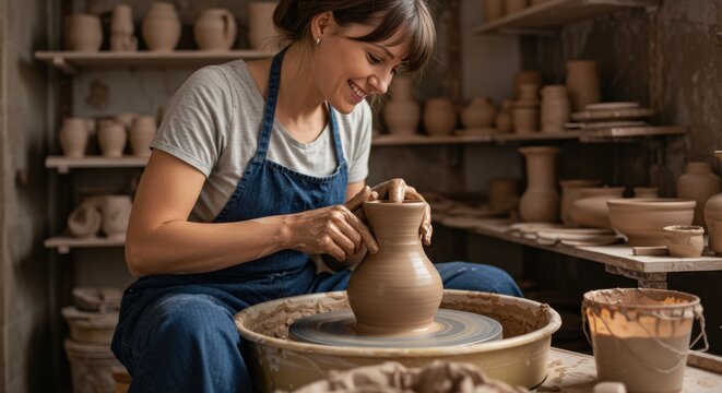 Smiling female potter creating a clay vase on a wheel in her artisanal studio, a concept of creative passion.