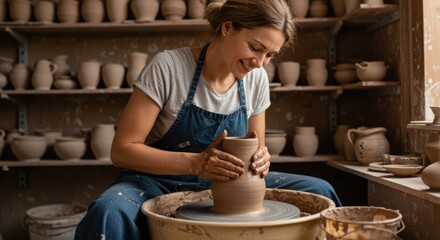 Smiling female artisan molding a clay vase on a potter's wheel in her creative workshop studio.