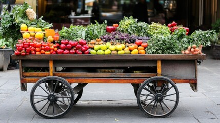 Colorful fresh produce cart on city street