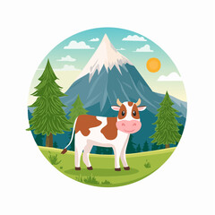 Naklejka premium Cartoon cow enjoying a sunny day against backdrop of snow mountain and green pasture