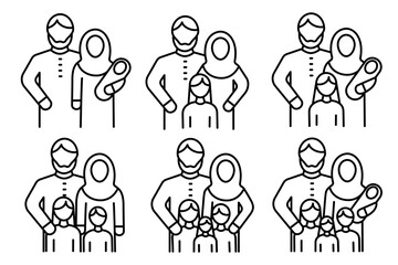 Cute set muslim family, parents and their children outline icon isolated on white background vector illustration. Islamic muslim happy family parenting concept. Perfect for Islamic and design.