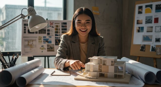 Portrait of a happy young Asian female architect smiling at her desk with a building model and blueprints in a modern office.