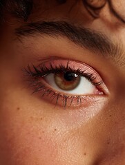 Obraz premium Eye close-up of a mixed-race person showing shyness and happiness at once. Soft lowered gaze, delicate lash texture.