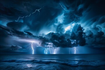 Massive lightning storm over dark ocean, multiple lightning bolts illuminating waves, surreal nature power concept.