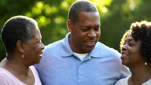 African American Family Bonding in Sunlit Garden Multi-Generational Gathering of Diverse Individuals Smiling and Enjoying Warmth and Togetherness in a Beautiful Outdoor Greenery Setting with Natural