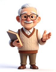 A charming elderly tailor with a kind expression, wearing a vest and holding scissors and fabric for sewing.