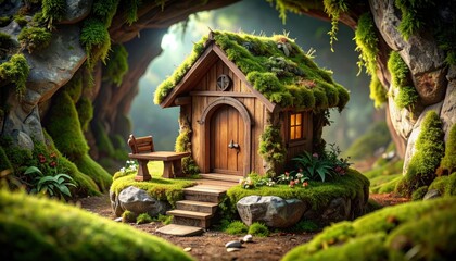 Fototapeta premium Enchanted Wooden Cottage in Forest with Mossy Roof, and Fantasy Scene.