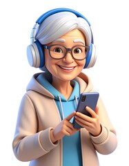 Modern senior woman with stylish glasses and wireless headphones, comfortably dressed in a cozy hoodie, happily engaged with her smartphone.