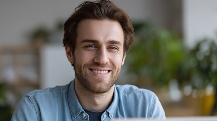Contentment in Gaze: A portrait of a man, his eyes sparkling with a warm smile, reflecting a sense of happiness and optimism, a serene expression against a soft, natural backdrop.