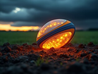 Glowing rugby ball illuminates dark field at dusk