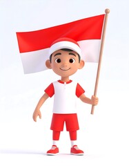 Happy Indonesian Boy in Traditional Red and White Attire Waves Flag with Pride