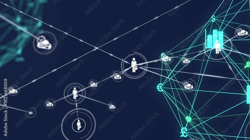 Poster starting with person icon extending lines linking loop icons to turquoise data network forming mesh