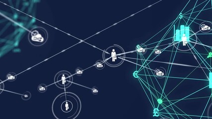 Starting with person icon extending lines linking loop icons to turquoise data network forming mesh - Powered by Adobe
