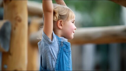 Preschool girl gripping playground monkey bars, building upper body strength and motor skills while experiencing joyful outdoor recreational activity - Powered by Adobe