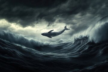 Fototapeta premium Majestic Whale Leaping Through Stormy Ocean Waves under Dark Skies