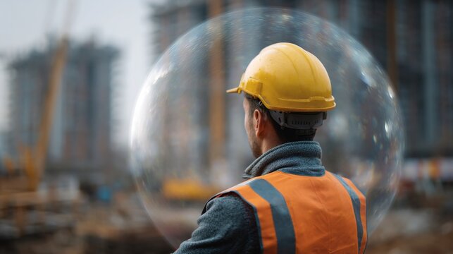 Construction Worker and Construction site: A construction worker stands, observing a construction site, the image conveying the hard work, dedication, and precision of the industry