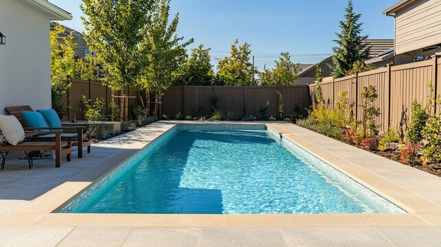 A rectangular new swimming pool with tan concrete edges in the fenced backyard of a new construction house.