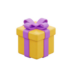 Obraz premium 3d icon of yellow gift box with purple ribbon and bow isolated on transparent background
