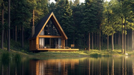 aframe, aframe by the lake in the forest, wooden log house with a terrace, modern minimalist house in the forest,