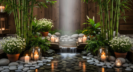 Zen Garden Waterfall Candles Bamboo Rocks Peace Tranquility Wellness Meditation Nature Therapy Calm Background for Spa Yoga Massage Peaceful Lifestyle