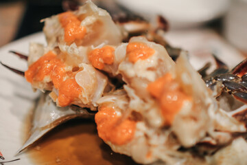 Raw crabs marinated in soy sauce with Chili Garnish  (Ganjang Gejang). Korean traditional food.
