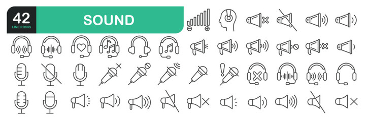 Set Of Sound Icons. Contains such icons as Sound Volume Process, Headset, Audio Wave, Headphone, Soundbeat, Speaker, and more.